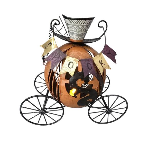 Spooky Halloween Pumpkin Coach Tea Light Decor 14" X 15" - Picture 1 of 8